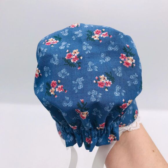 Pioneer Doll Dress & Bonnet, Handmade Outfit, For 18 Inch Dolls Blue Pink Floral - Picture 10 of 11